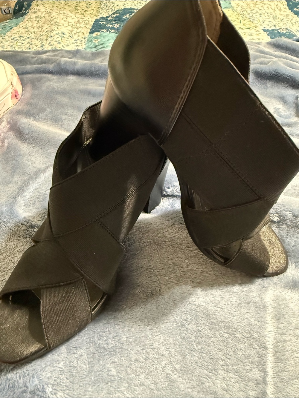 Life Stride Black Cross-Band Open-Toe Block Heels
